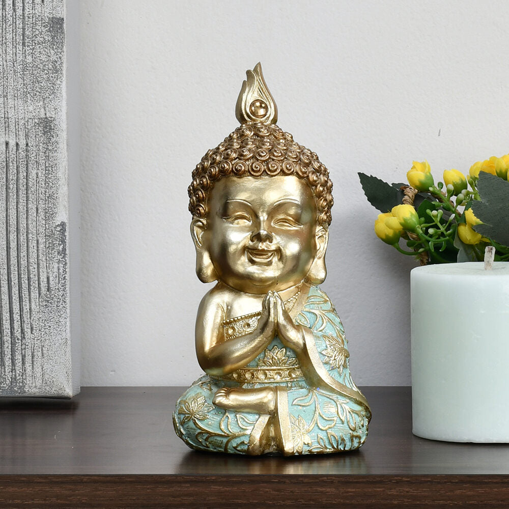 Baby Monk Decorative Polyresin Showpiece (Mint & Gold)