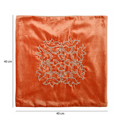 Embroidered Cotton Polyester 16" x 16" Cushion Cover (Orange)