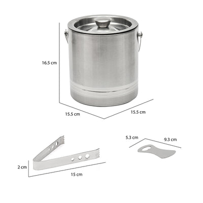 Arias by Lara Dutta Stainless Steel Ice Bucket With Tong and Opener Set of 3 (Silver)