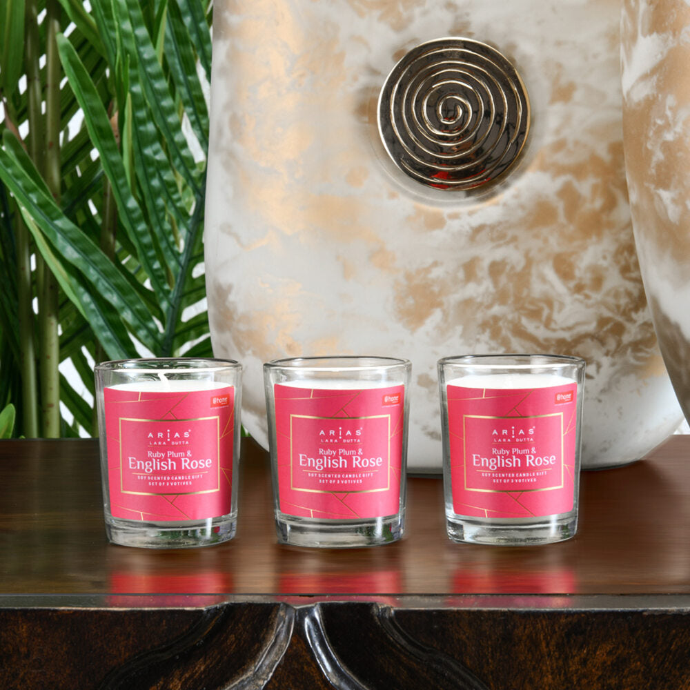 Arias by Lara Dutta Ruby Plum and English Rose Scented Votive Candles Set of 3 (White)