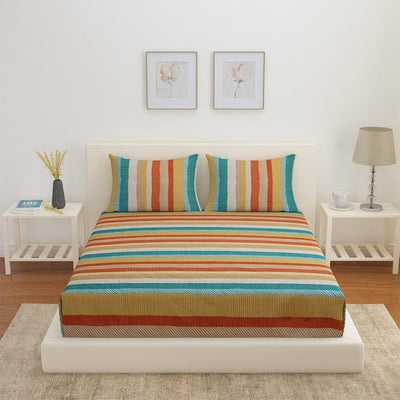 Arias by Lara Dutta Striped Cotton King Bedsheet With 2 Pillow Covers (Multicolor)