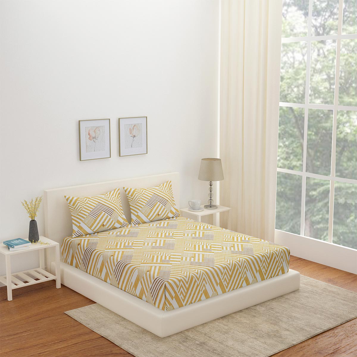 Arias by Lara Dutta Geometric Cotton King Bedsheet With 2 Pillow Covers (Yellow)