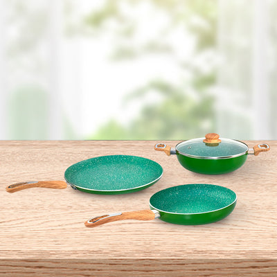 Arias by Lara Dutta Non-Stick Fry Pan With Dosa Tawa and Kadhai With Lid Set of 3 (Emerald)