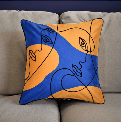 Amelia Abstract Chambray Fabric 16" x 16" Cushion Cover (Yellow, Blue & Grey)