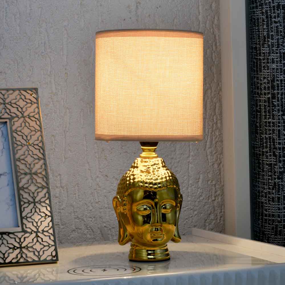 Buddha Face Ceramic Base Table Lamp (Gold)
