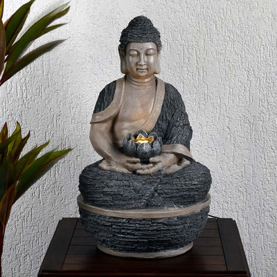 Buddha with Floral Bowl Indoor Outdoor Water Fountain (Grey)