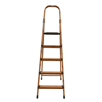 5 Steps Wooden Finished Foldable Aluminium Ladder (Brown)