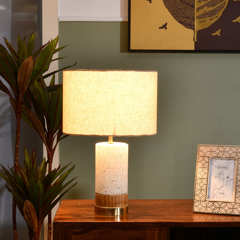 Decorative Fabric Shade Terrazzo & Wooden Base Table Lamp 60 cm (White)