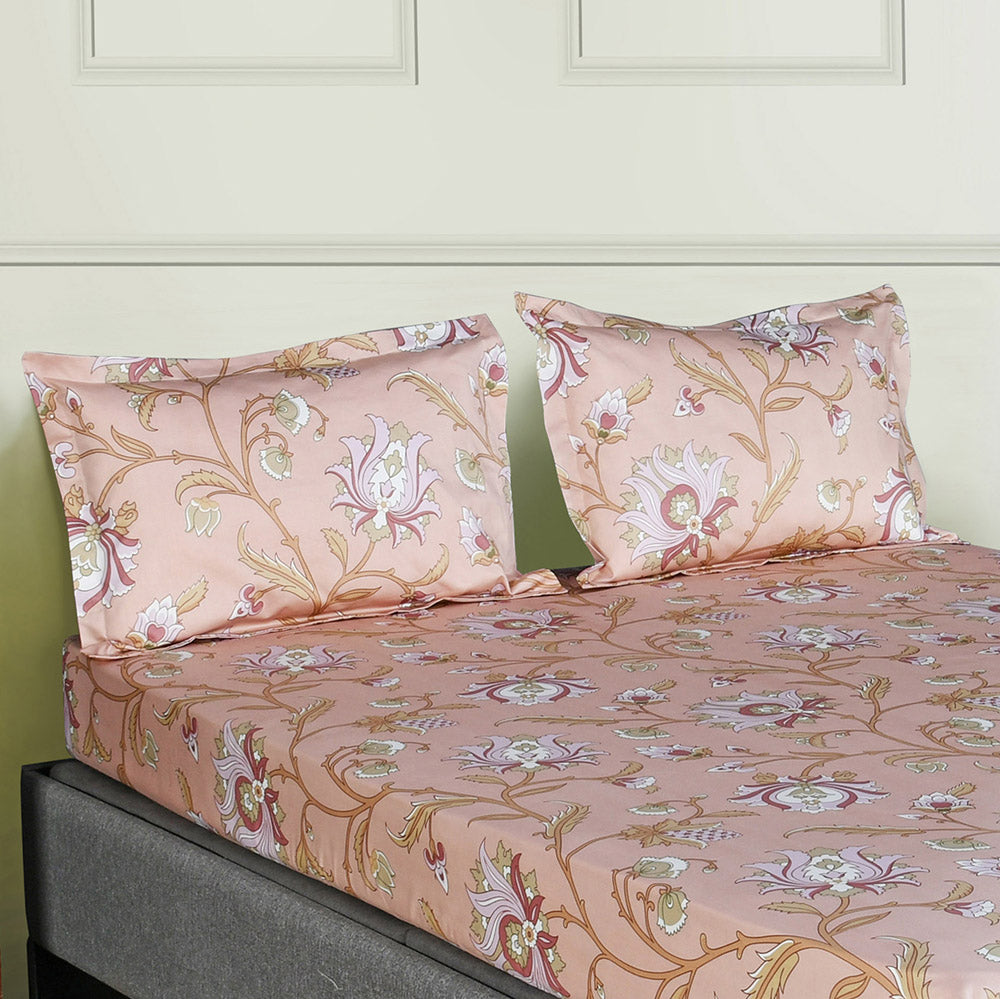 Arias by Lara Dutta Floral Cotton King Bedsheet With 2 Pillow Covers (Peach)