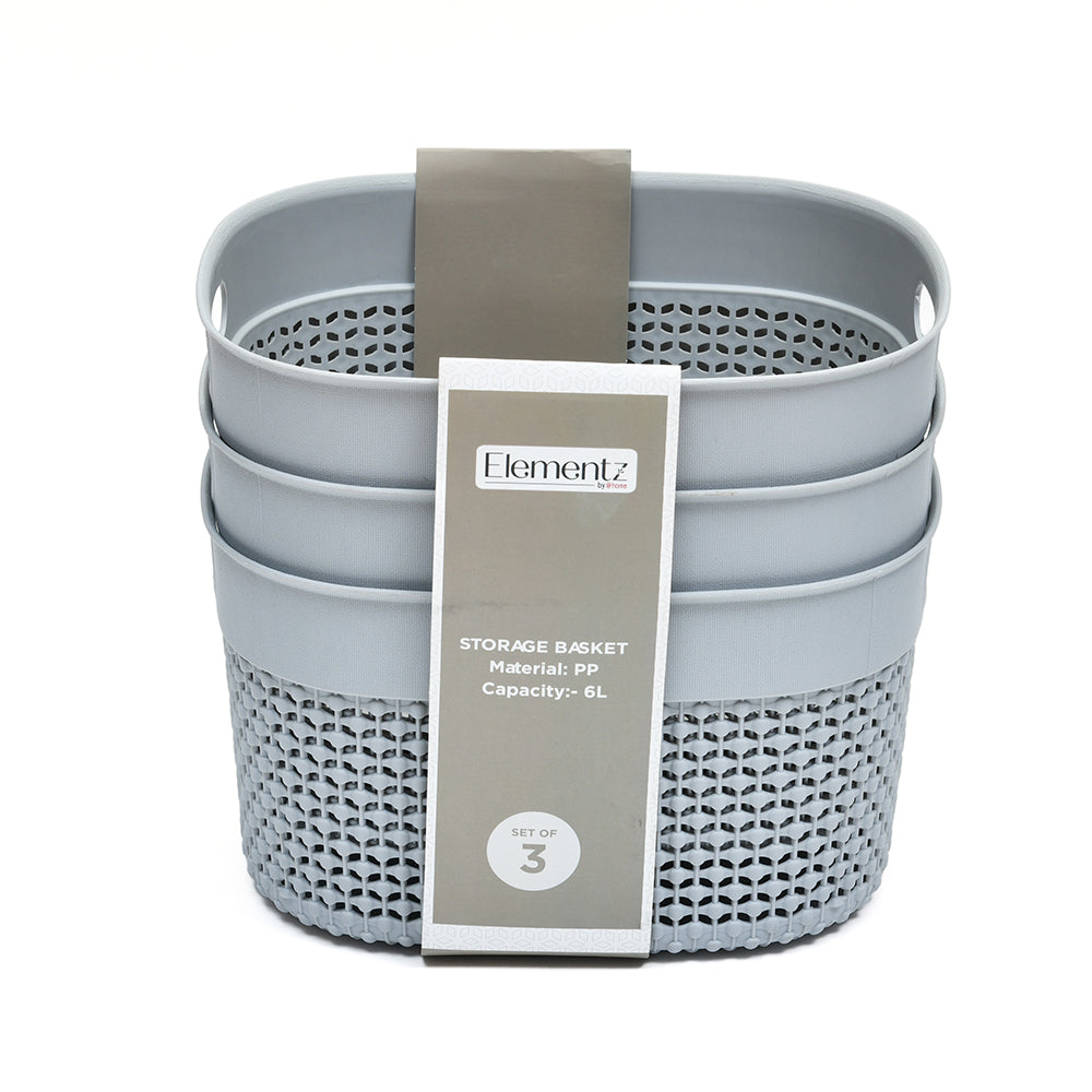Multipurpose 6 L Storage Basket Set of 3 (Grey)
