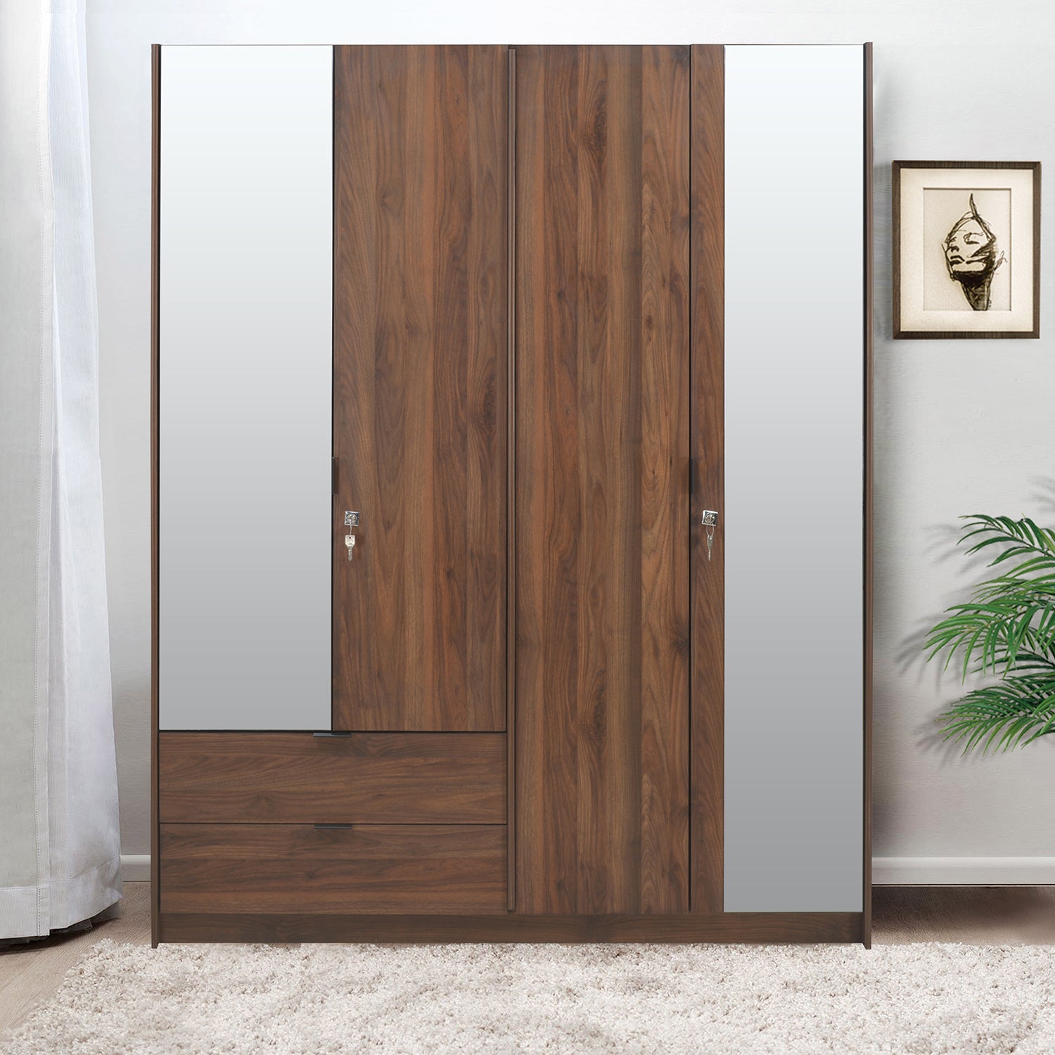 Avery 4 Door Engineered Wood Wardrobe with Mirror (Wenge)