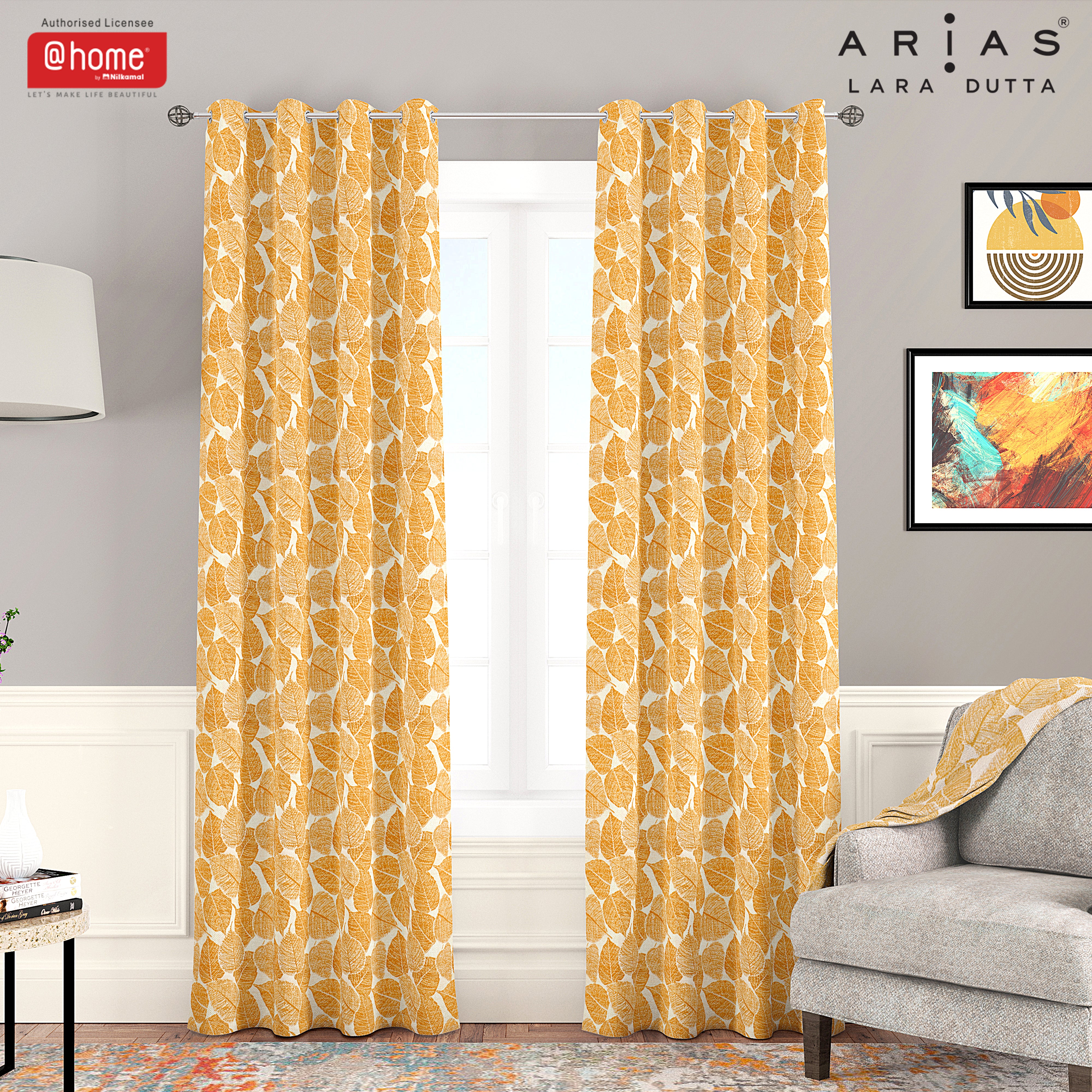 Arias by Lara Dutta Luxuria Jacquard Leaf 7 Ft Polyester Door Curtain Set of 2 (Mustard)