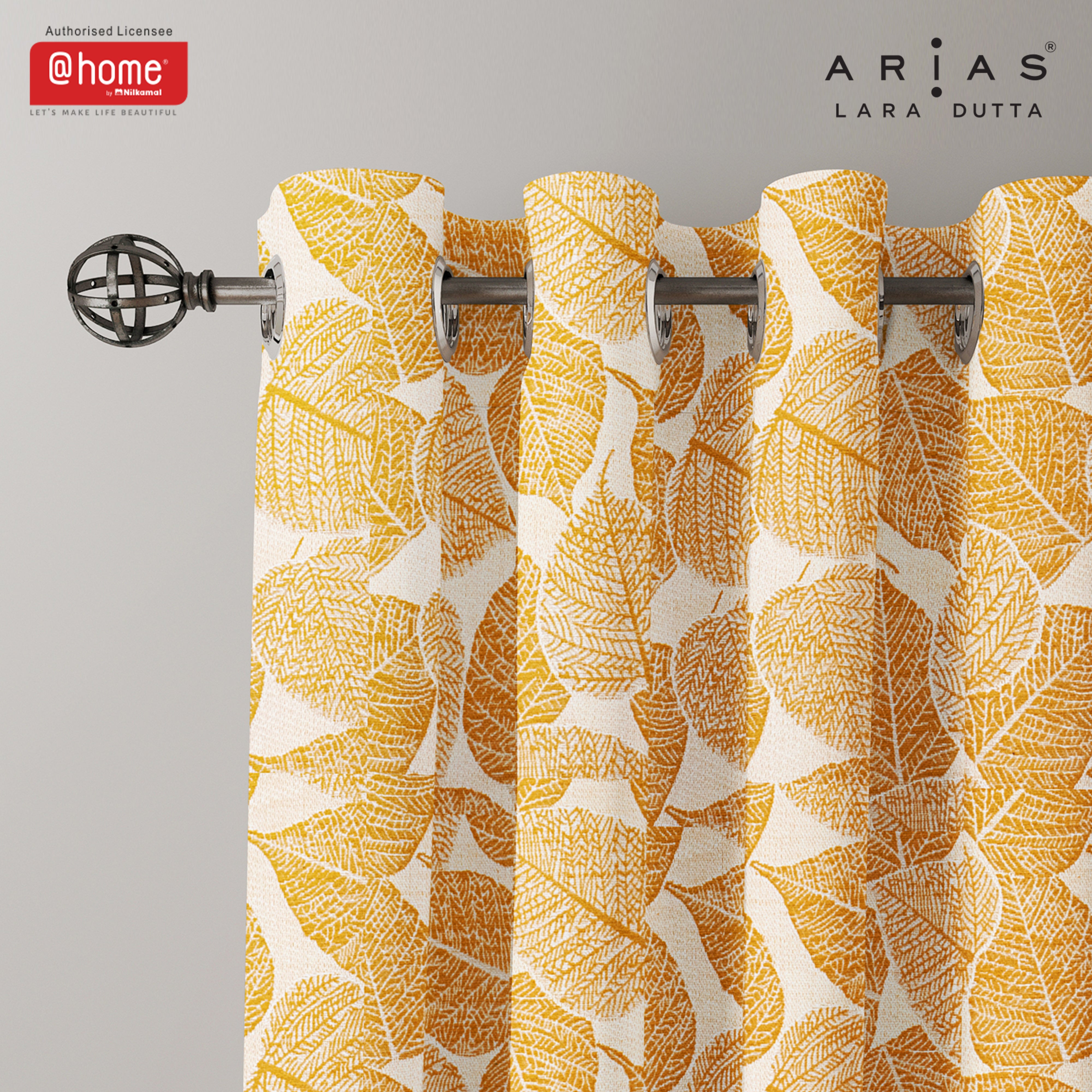 Arias by Lara Dutta Luxuria Jacquard Leaf 7 Ft Polyester Door Curtain Set of 2 (Mustard)