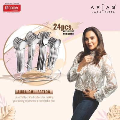 Arias by Lara Dutta Fiesta Cutlery Set of 24 With Stand (Silver)