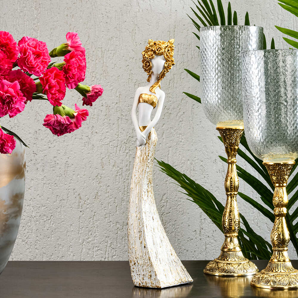 Lady Posing Decorative Polyresin Showpiece (White & Gold)