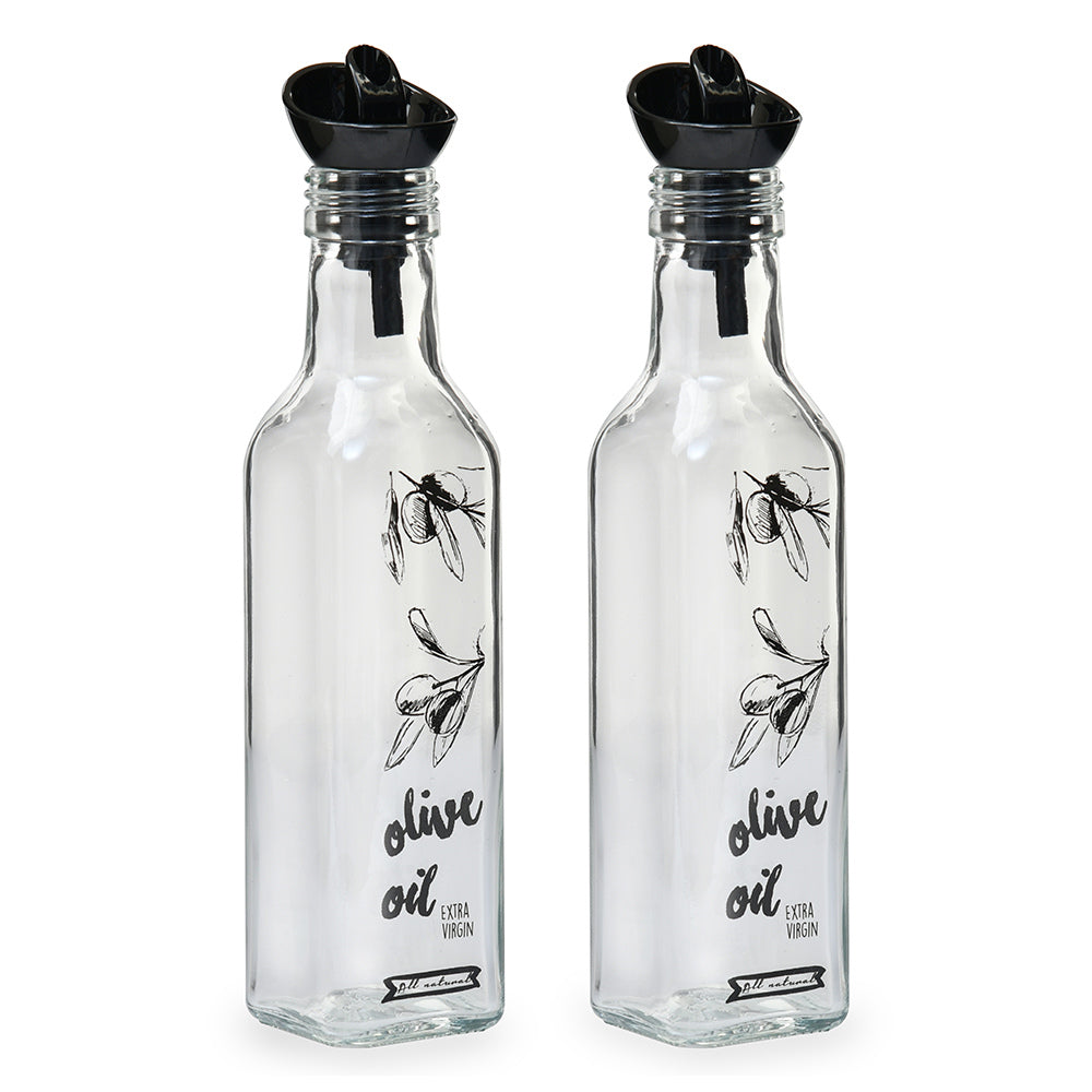 Transparent 250 ml Glass Oil Dispenser Bottles Set of 2 (Transparent & Black)