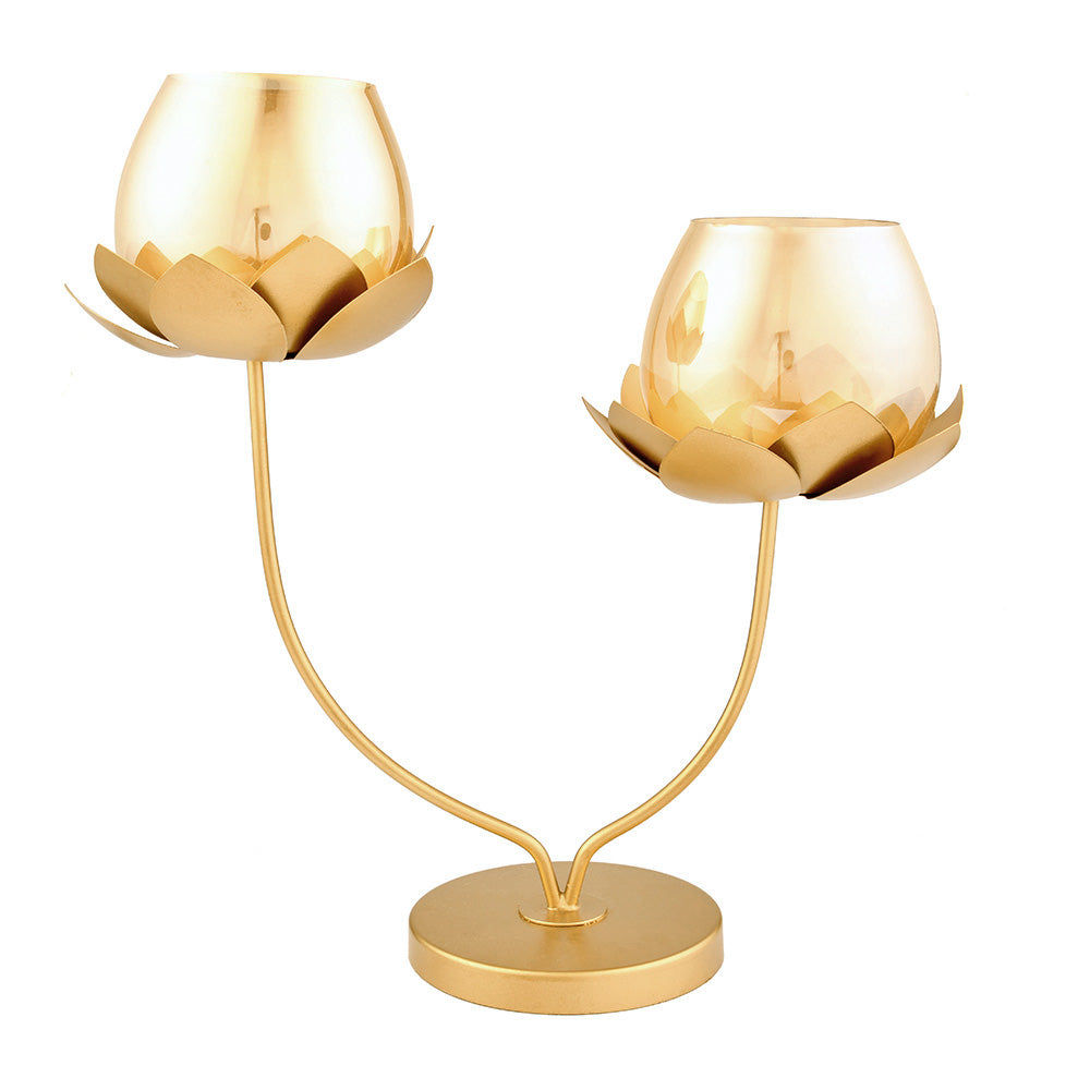 Lotus Branch Metal & Glass Candle Holder (Gold)