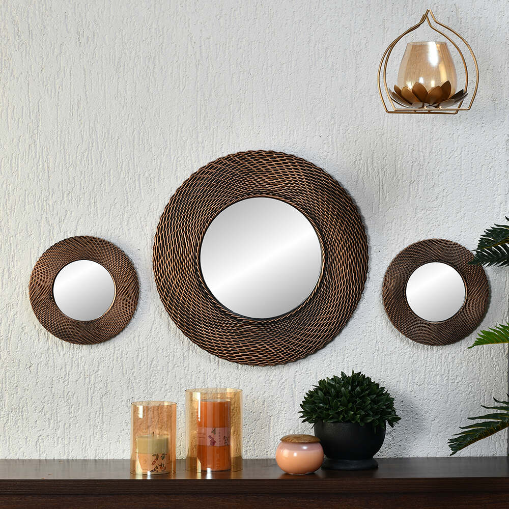 Cirque Round Decorative Wall Mirror Set of 3 (Brown)
