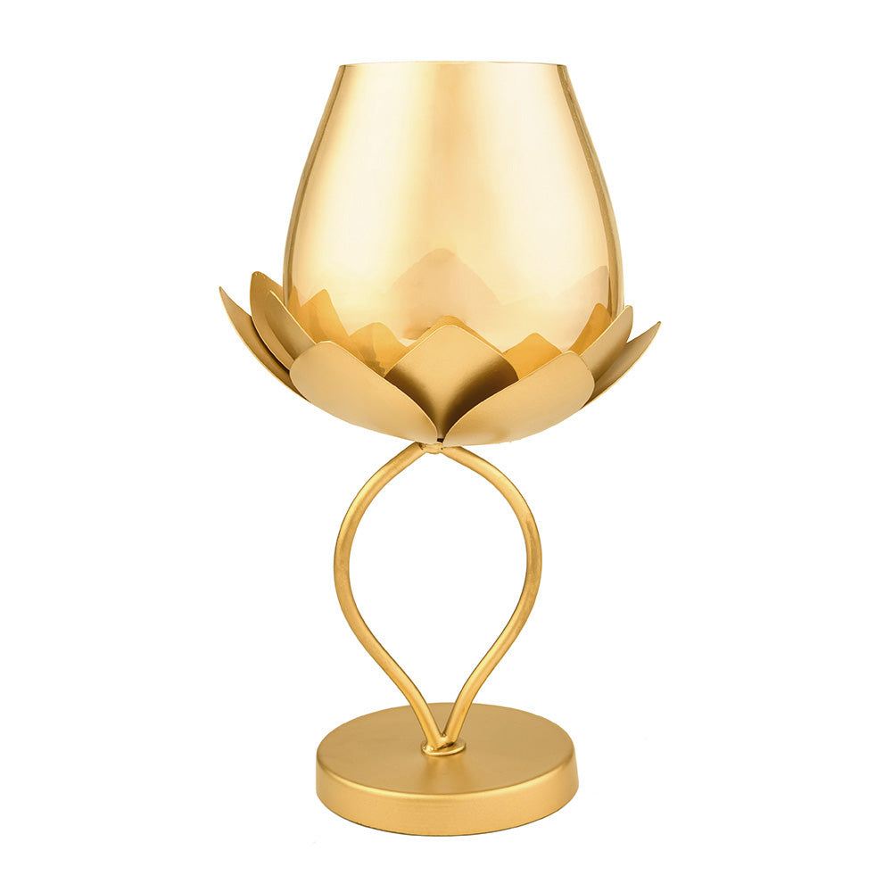 Decorative Lotus Metal & Glass Small Candle Holder (Gold)