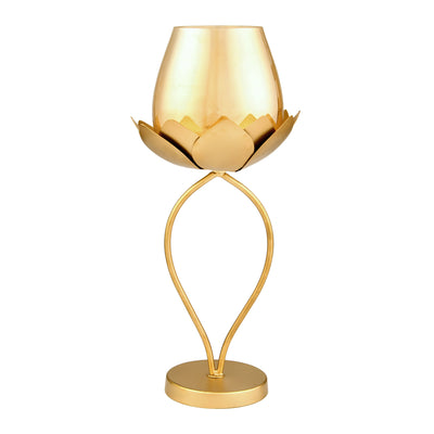 Decorative Lotus Metal & Glass Large Candle Holder (Gold)