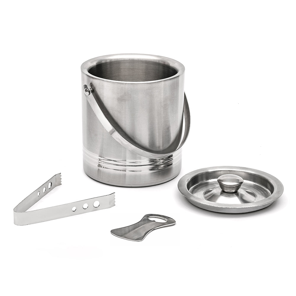 Arias by Lara Dutta Stainless Steel Ice Bucket With Tong and Opener Set of 3 (Silver)