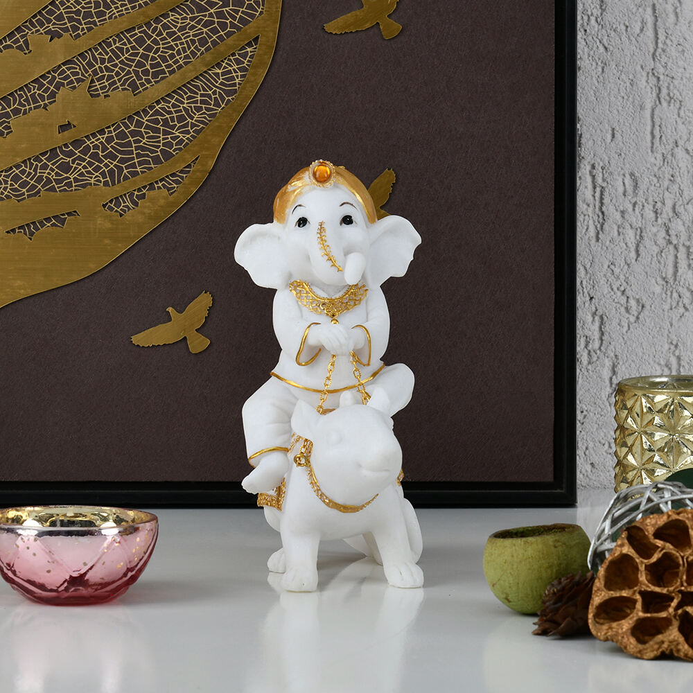 Ganesha On Mouse Polyresin Showpiece (White & Gold)