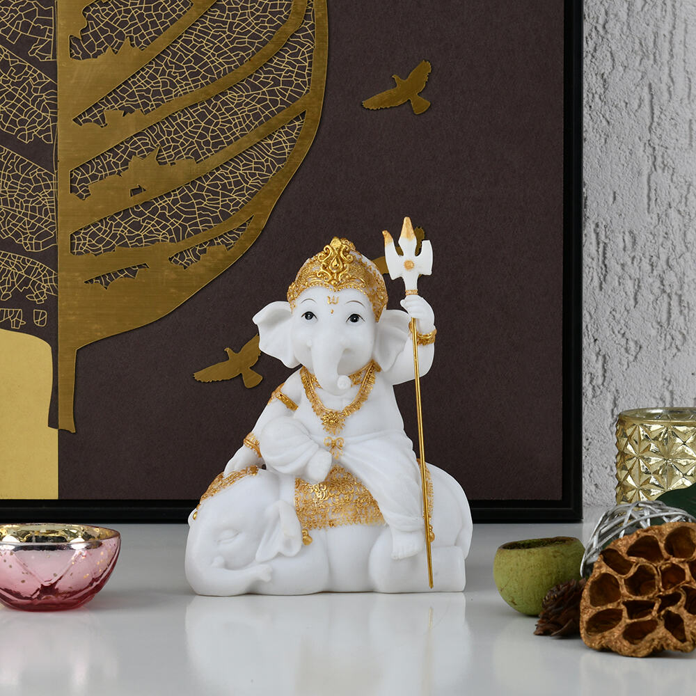 Ganesha On Elephant Polyresin Showpiece (White & Gold)