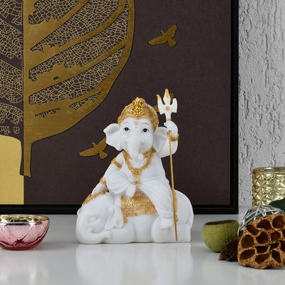 Ganesha On Elephant Polyresin Showpiece (White & Gold)