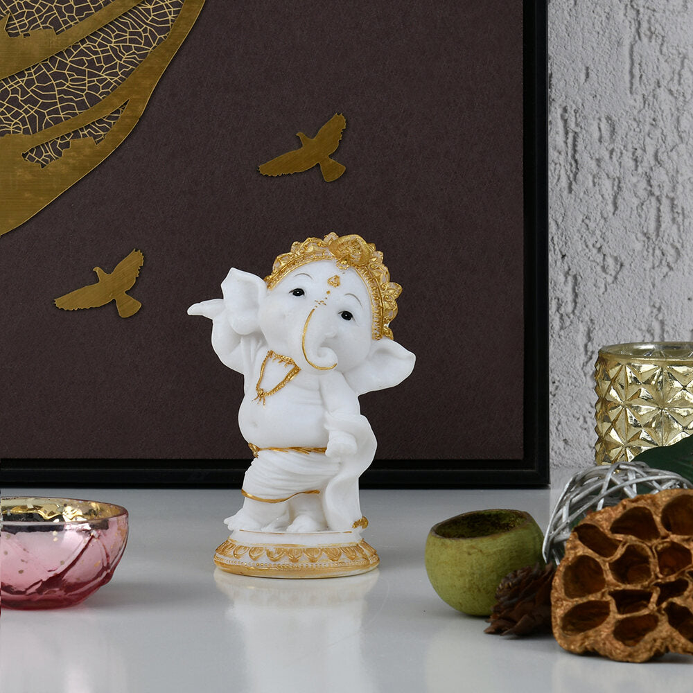 Ganesha Dancing Decorative Polyresin Showpiece (White & Gold)