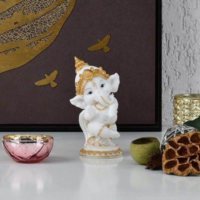 Blessing Ganesha  Decorative Polyresin Showpiece (White & Gold)