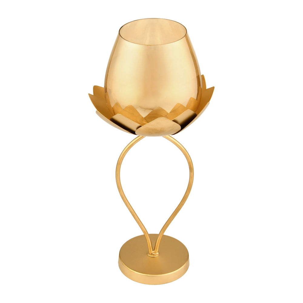 Decorative Lotus Metal & Glass Large Candle Holder (Gold)