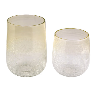 Cylindrical Crackle Glass Candle Holder Set of 2 (Transparent & Yellow)