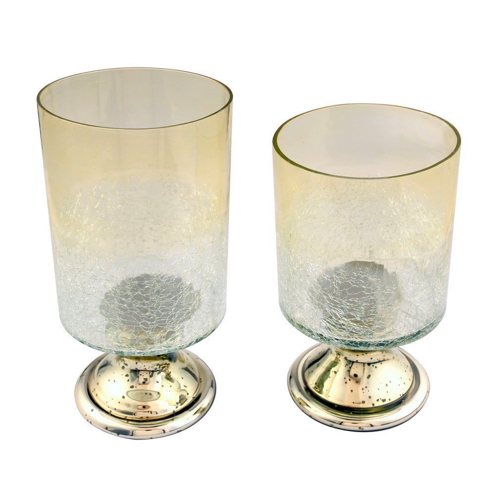 Hurricane Modern Crackle Glass Candle Stand Set of 2 (Transparent & Gold)