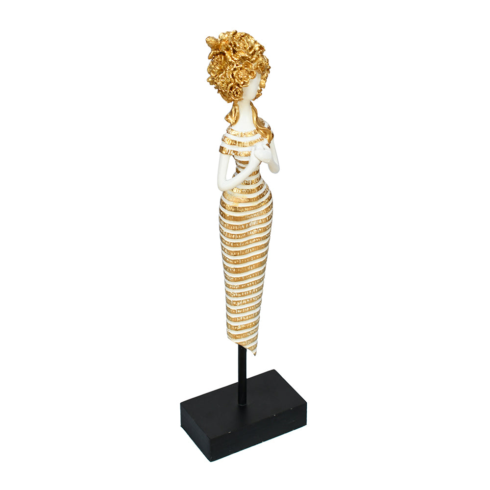 Lady On Stand Decorative Polyresin Showpiece (White & Gold)