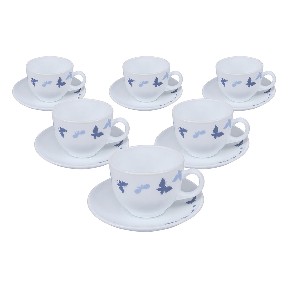 Arias Dazzling Wings Cup & Saucer Set of 12 (220 ml, 6 Cups & 6 Saucers, White)