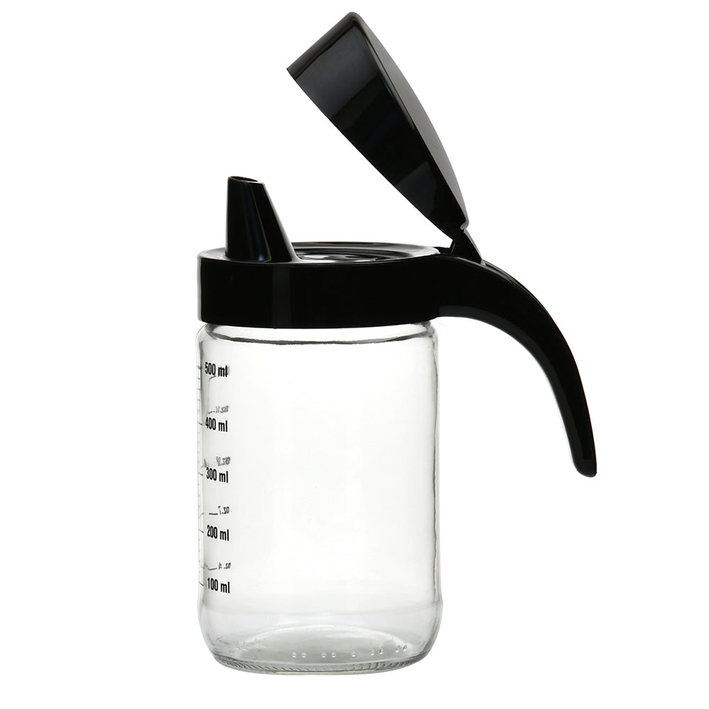 Transparent 660 ml Glass Oil Measure Jar With Lid (Transparent & Black)