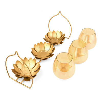 Trio Lotus Metal & Glass Candle Stand (Gold)