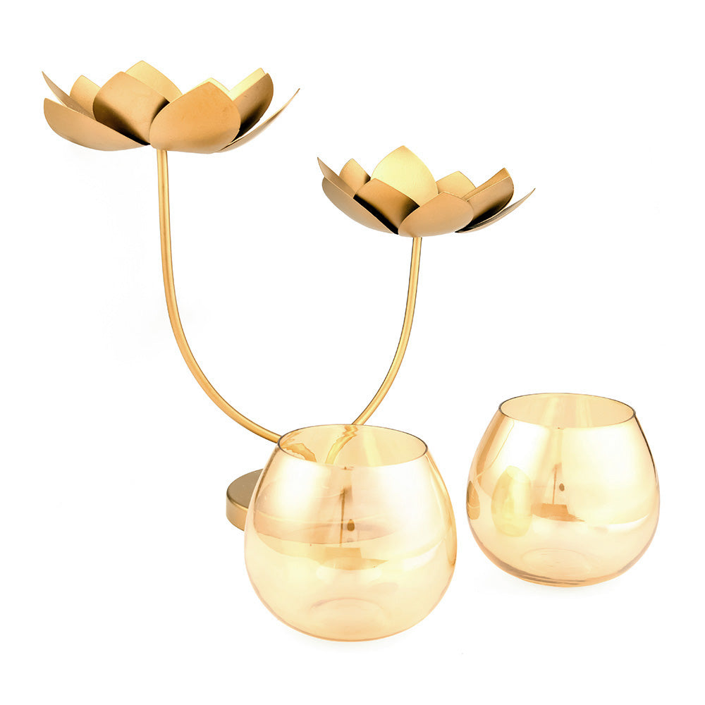 Lotus Branch Metal & Glass Candle Holder (Gold)