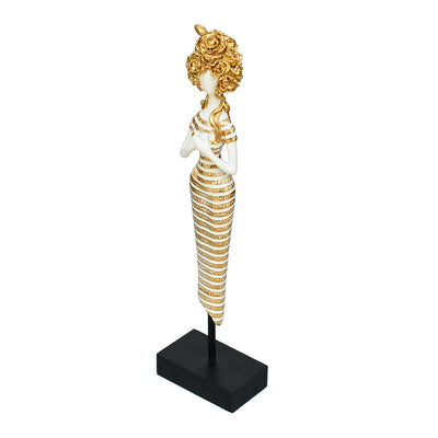 Lady On Stand Decorative Polyresin Showpiece (White & Gold)