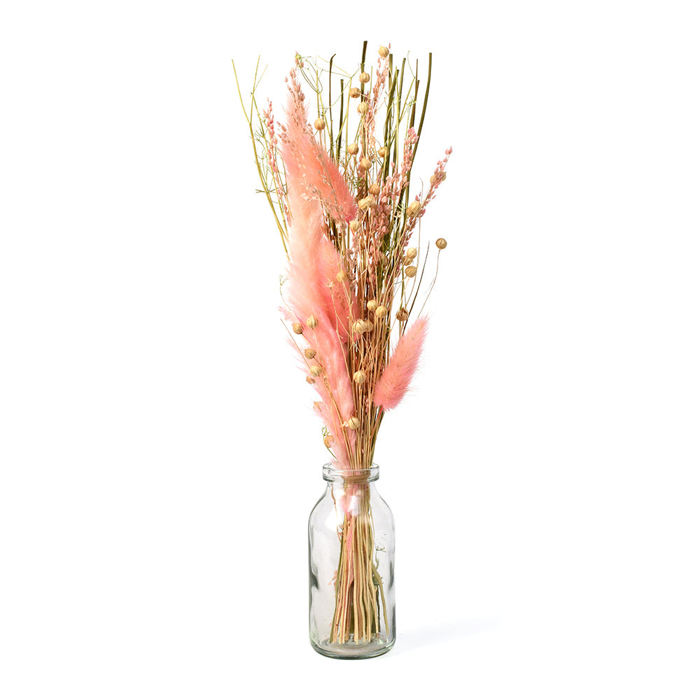 Arias Decorative Glass Vase with Dry Flowers (Transparent & Pink)