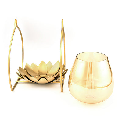 Single Lotus Metal & Glass Votive (Gold)