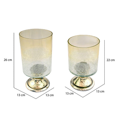 Hurricane Modern Crackle Glass Candle Stand Set of 2 (Transparent & Gold)