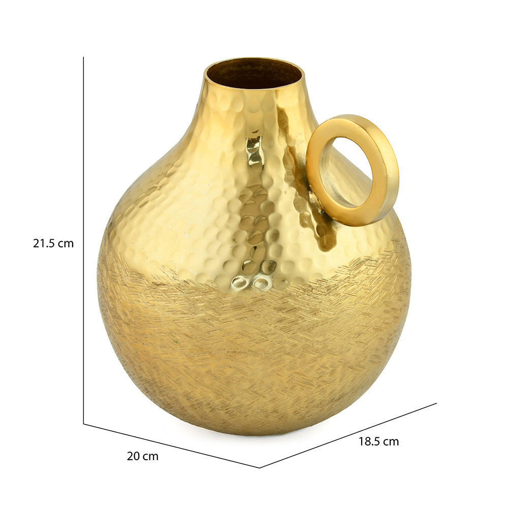 Criss Cross Textured Matki Shaped Small Metal Vase (Gold)