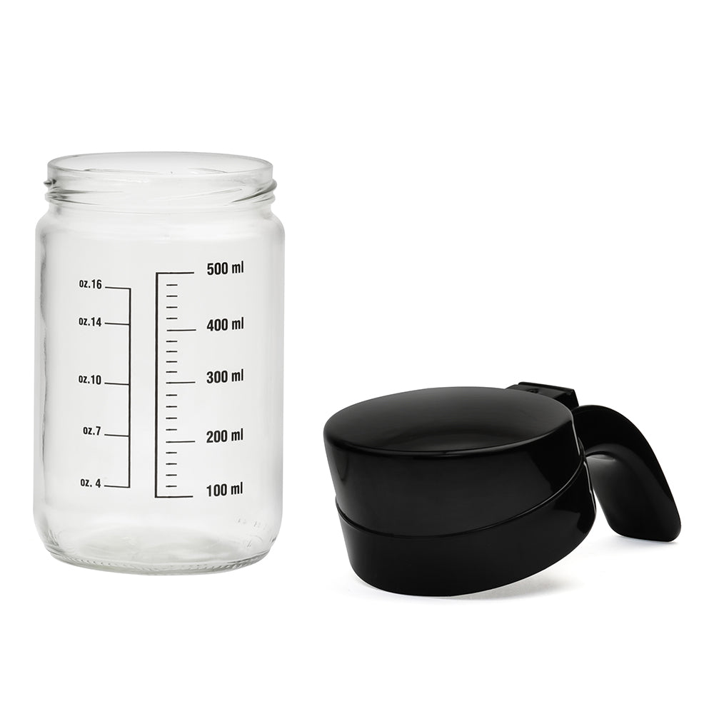 Transparent 660 ml Glass Oil Measure Jar With Lid (Transparent & Black)
