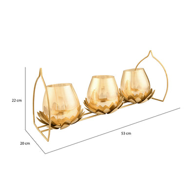 Trio Lotus Metal & Glass Candle Stand (Gold)