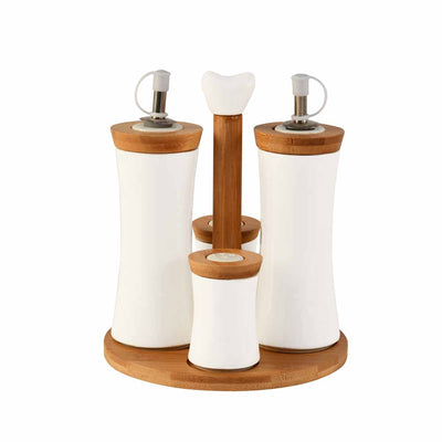 Ceramic Condiments Set of 4 with Bamboo Base (White)