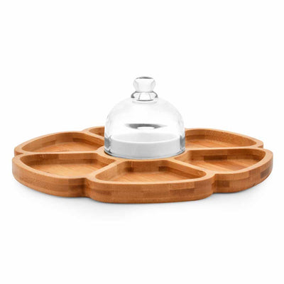 Bamboo Snacks Serving Platter with Ceramic Dip Bowl (Brown)