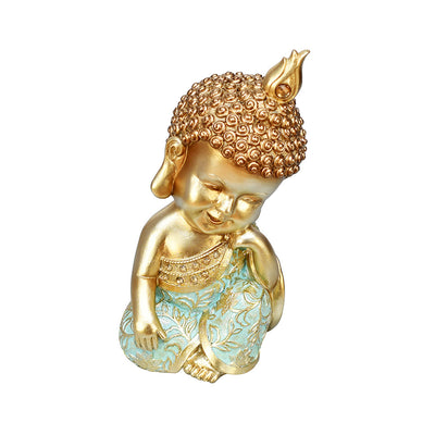 Baby Monk Resting Decorative Polyresin Showpiece (Mint & Gold)