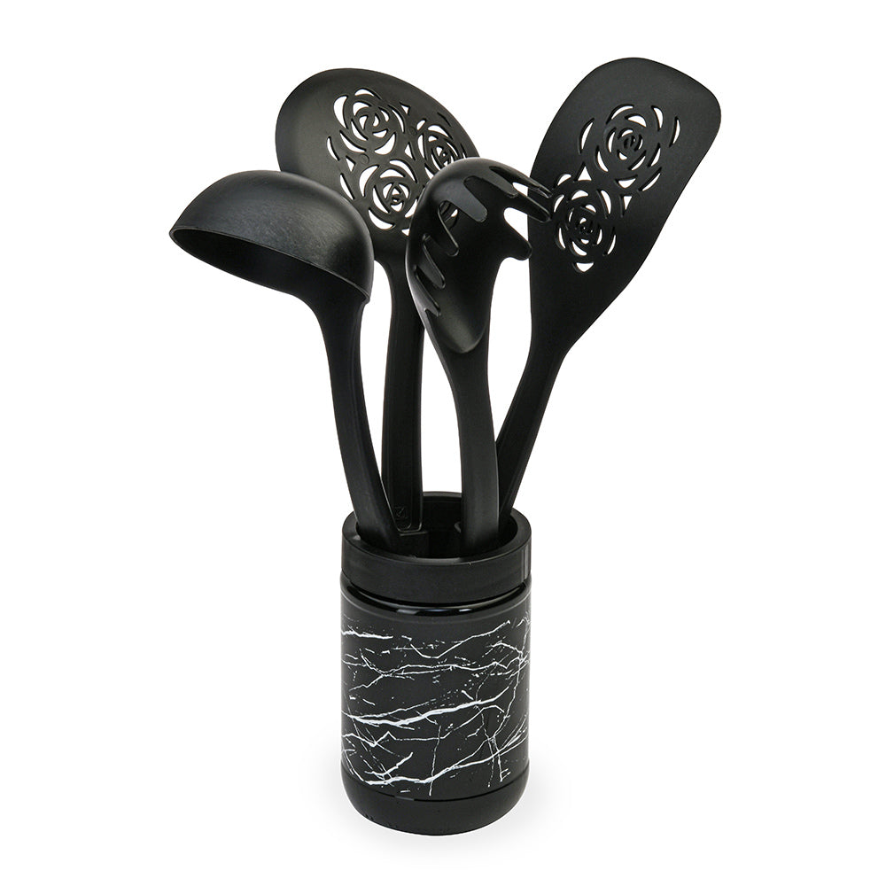 Kitchen Cooking and Serving Spoons Set of 4 With Jar (Black)