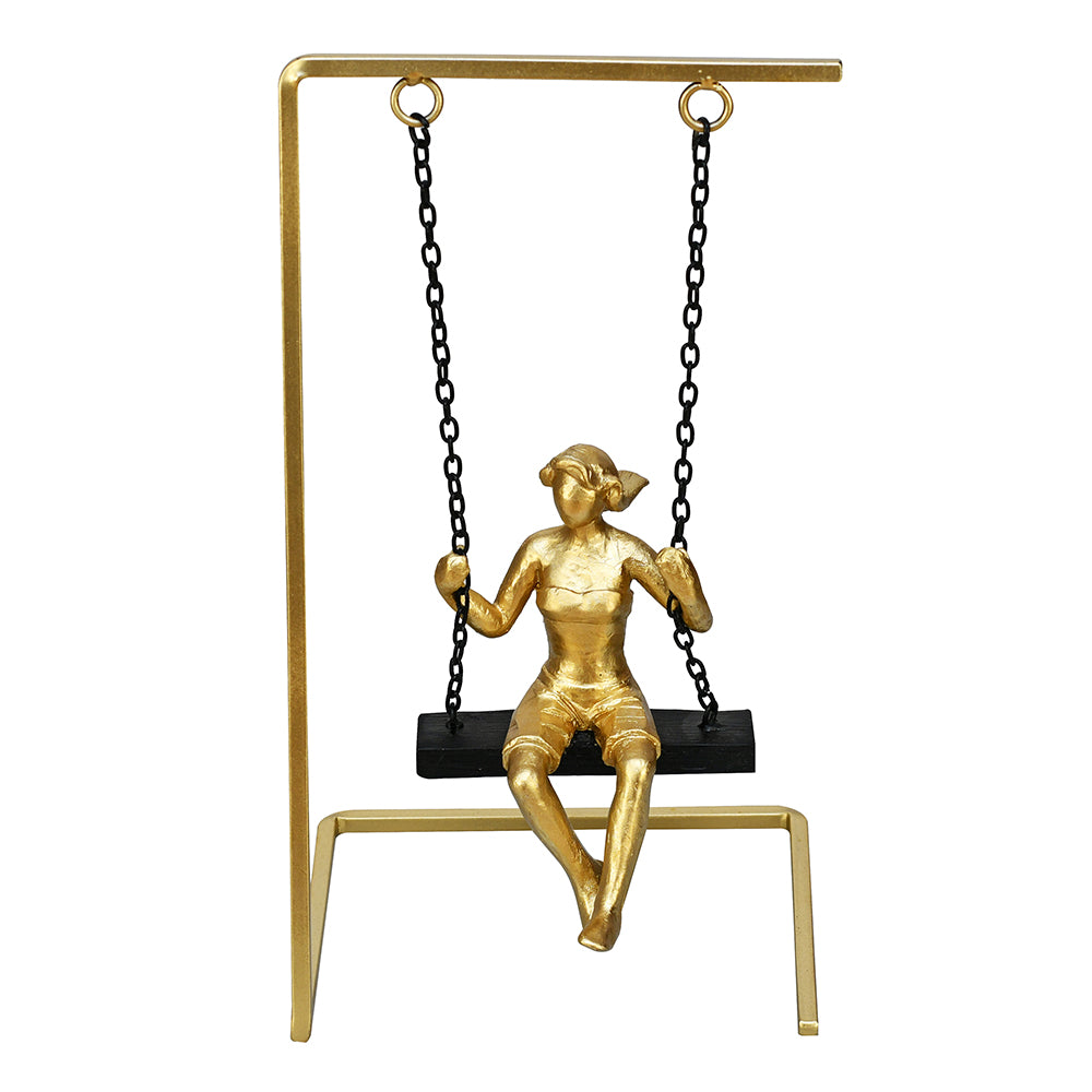 Lady On Swing Decorative Polyresin Showpiece (Black & Gold)
